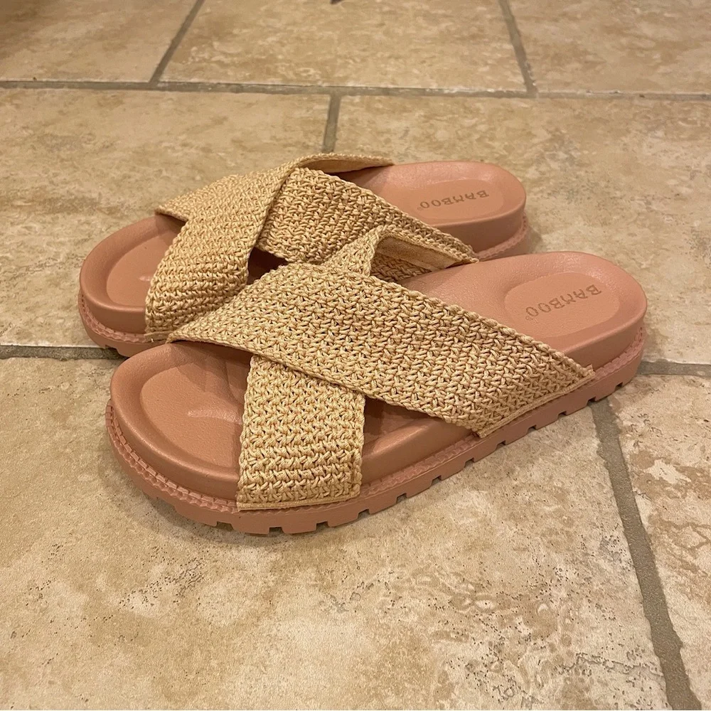 Awaken Natural Flyknit Criss Cross Slide Sandals. - Picture 15 of 16
